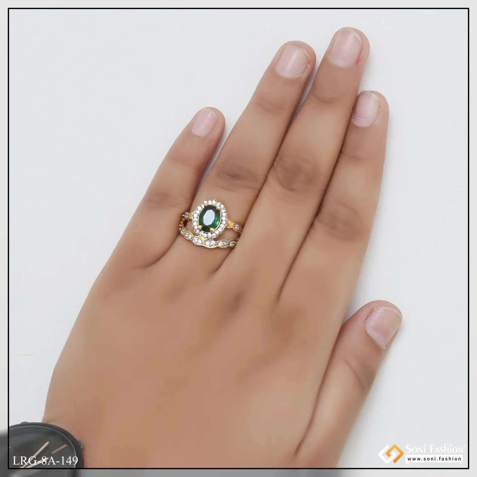 1 Gram Gold Plated Green Stone with Diamond Designer Ring for Lady - Style LRG-149