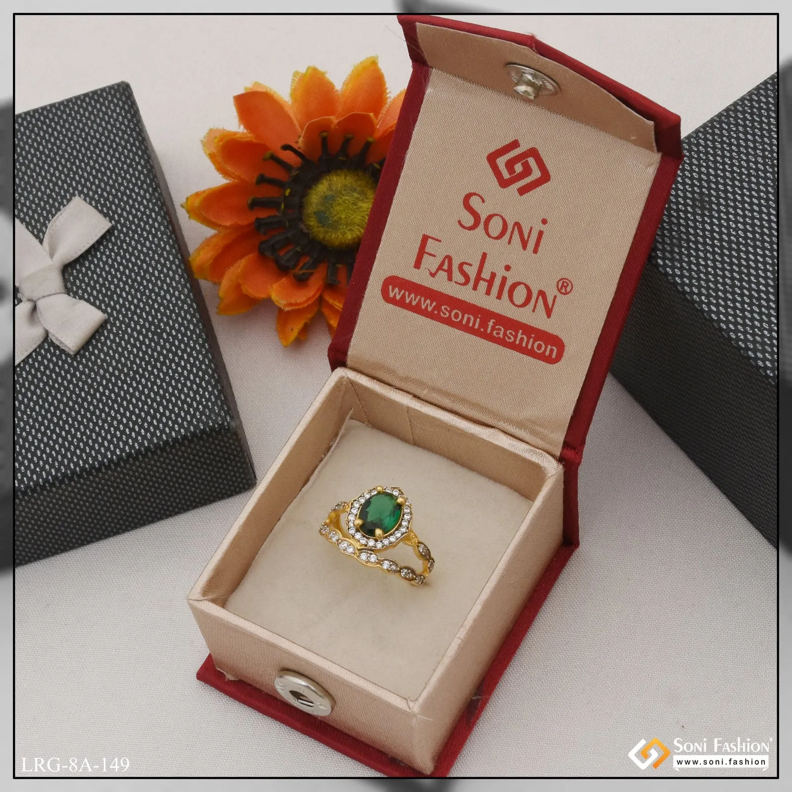 1 Gram Gold Plated Green Stone with Diamond Designer Ring for Lady - Style LRG-149