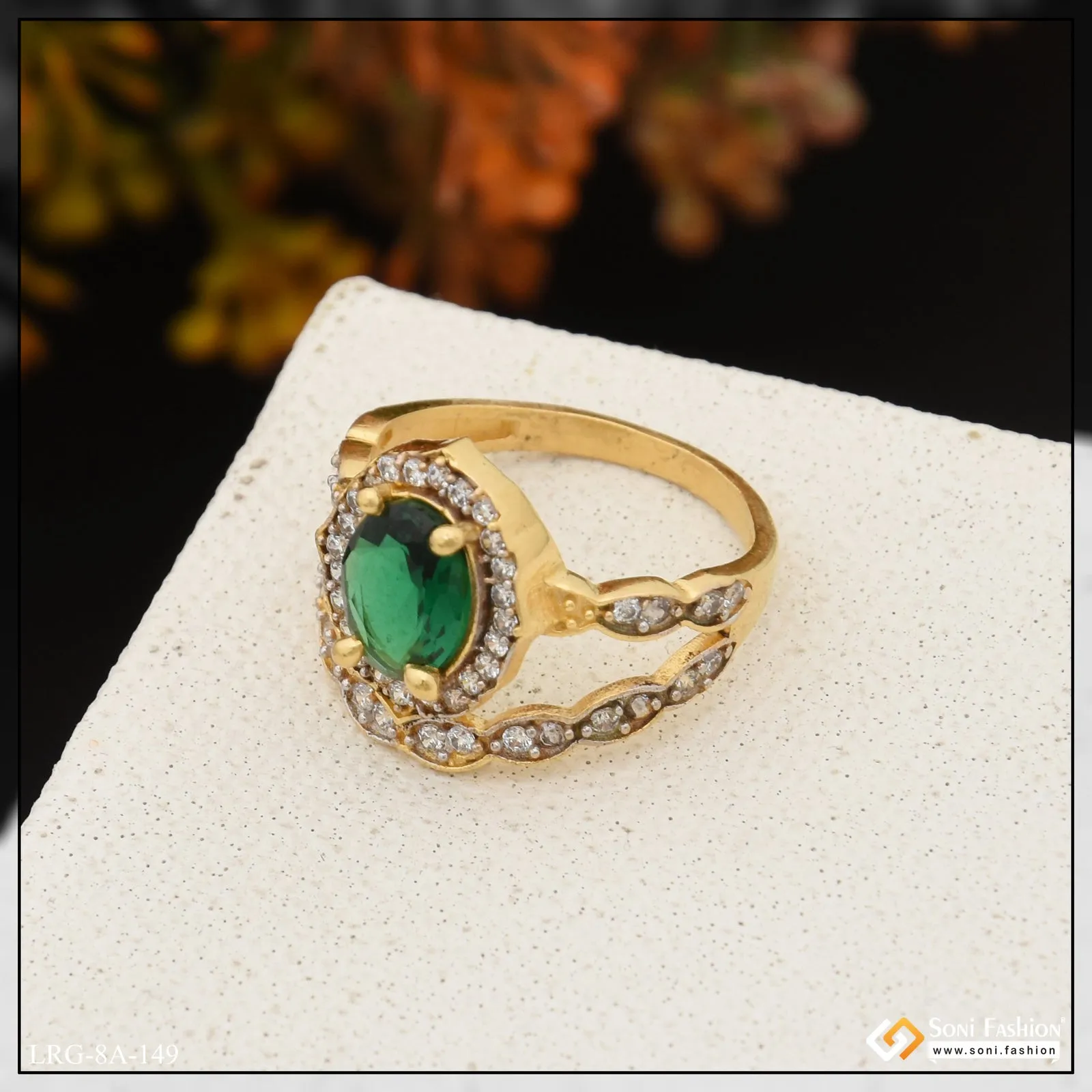 1 Gram Gold Plated Green Stone with Diamond Designer Ring for Lady - Style LRG-149