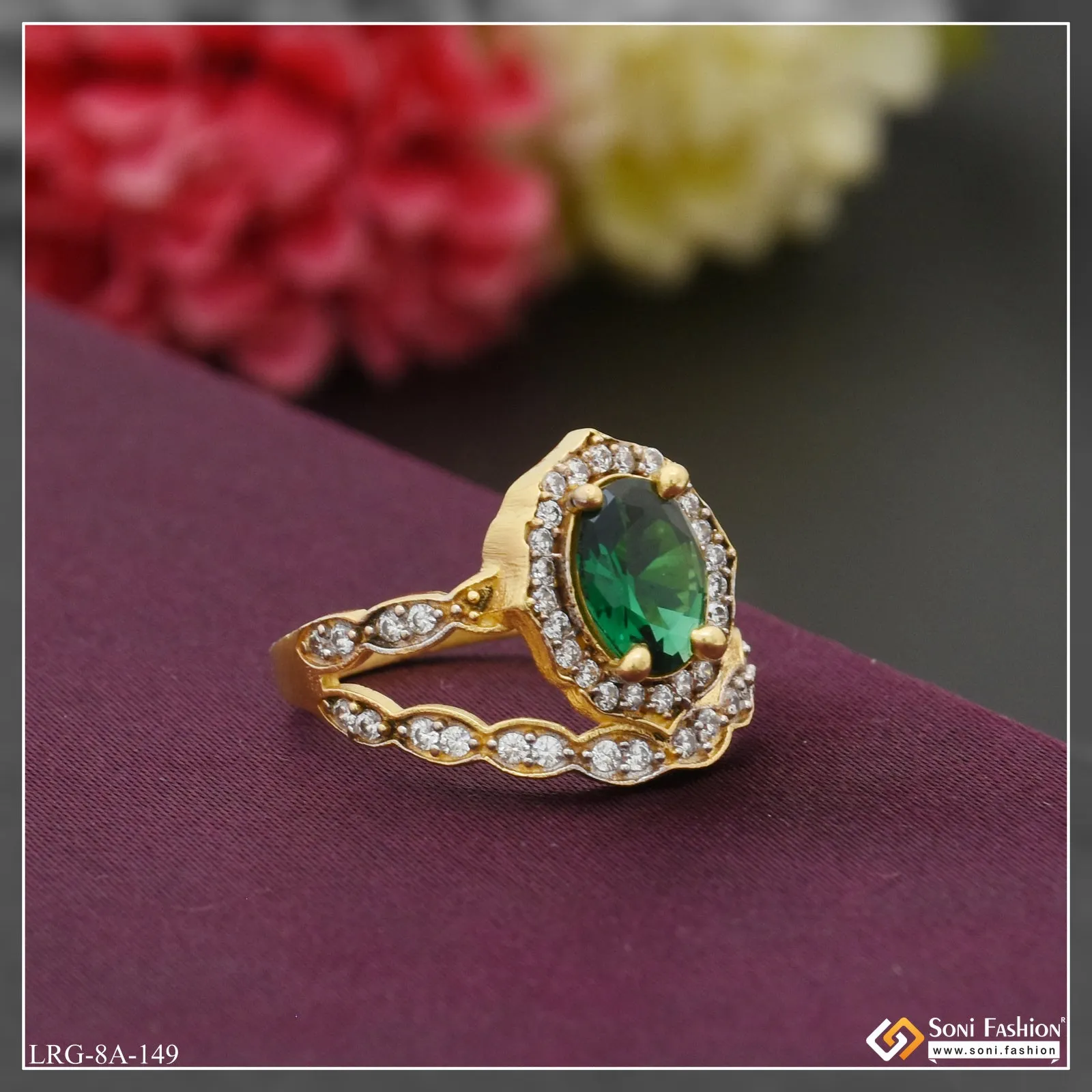 1 Gram Gold Plated Green Stone with Diamond Designer Ring for Lady - Style LRG-149