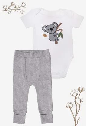 100% Organic Cotton Babywear Set - Short Sleeve Snap Bodysuit and Pants with Turnover Booties