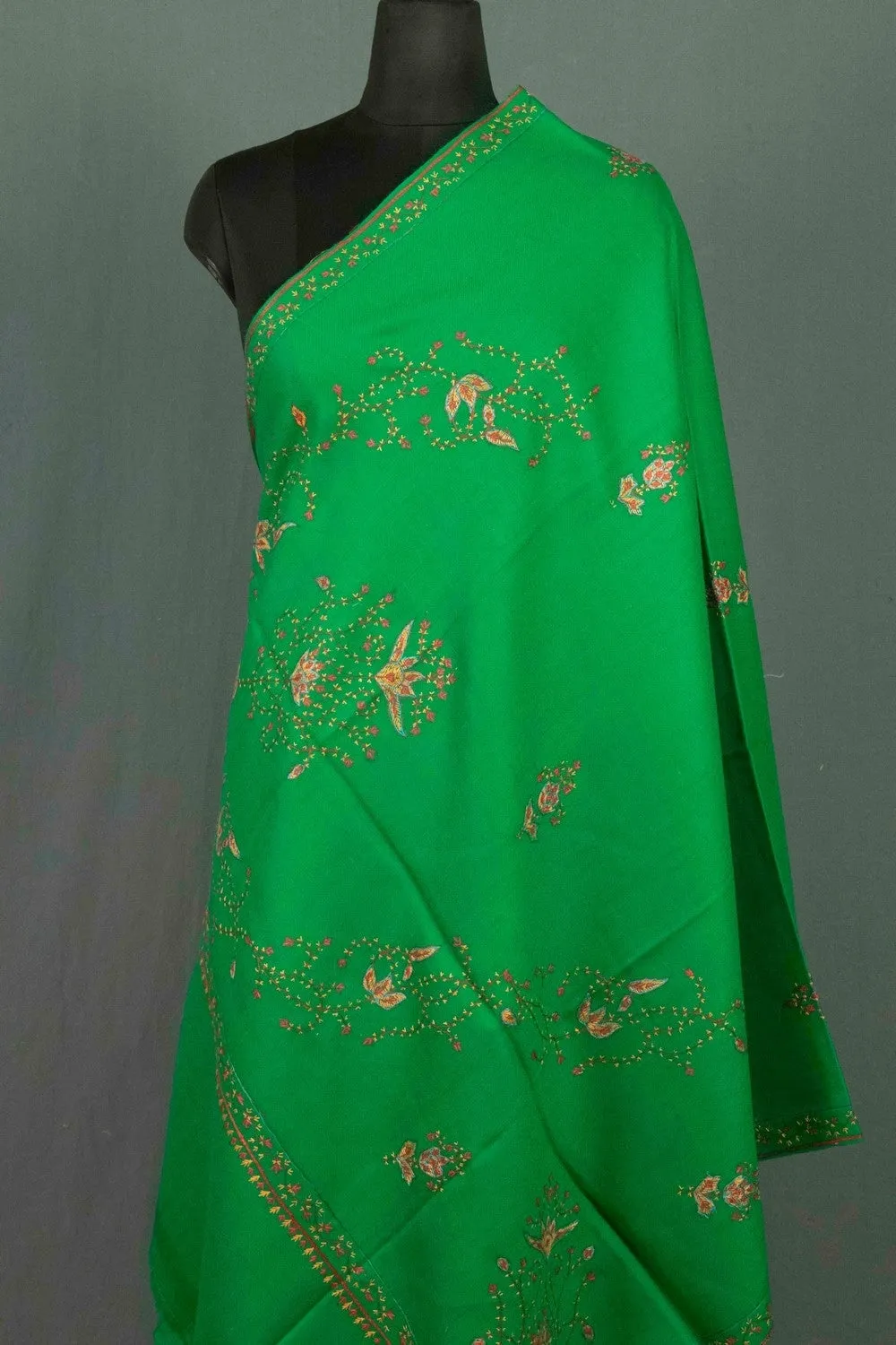 Beautiful Green Colour Sozni Shawl Emblished With Designer Over All Jaal And Border.