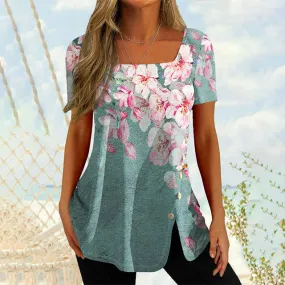 BerryBetty - Asymmetrical Floral Print T-Shirt