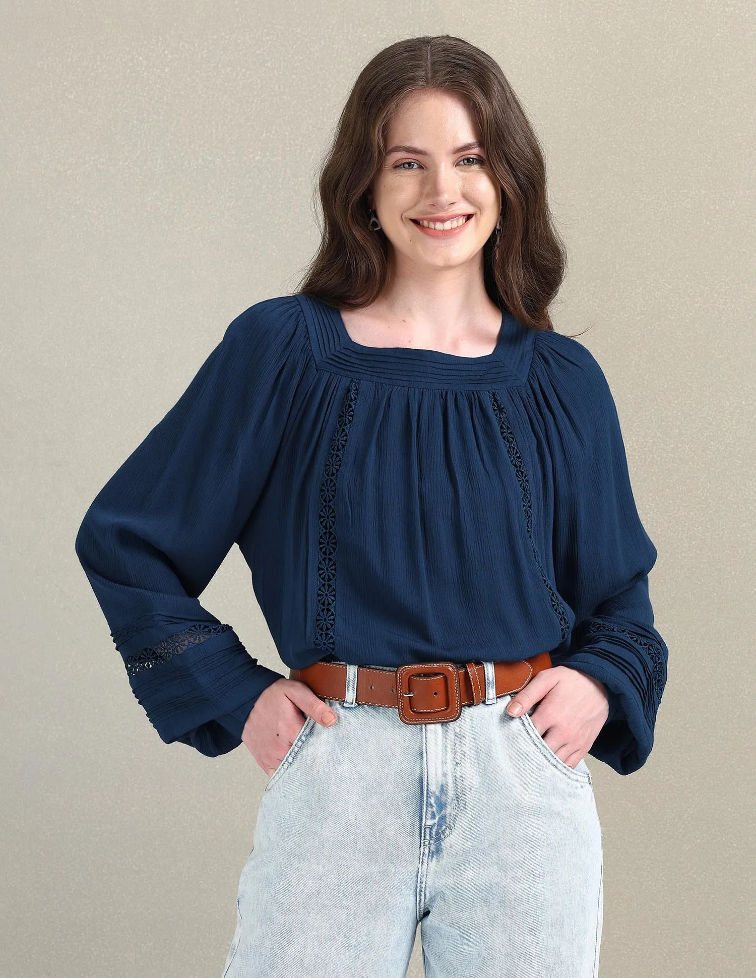 Bishop Sleeve Crinkle Viscose Top