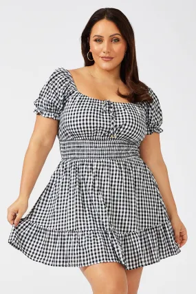 Black Check Fit And Flare Dress Short Sleeve Shirred Waist