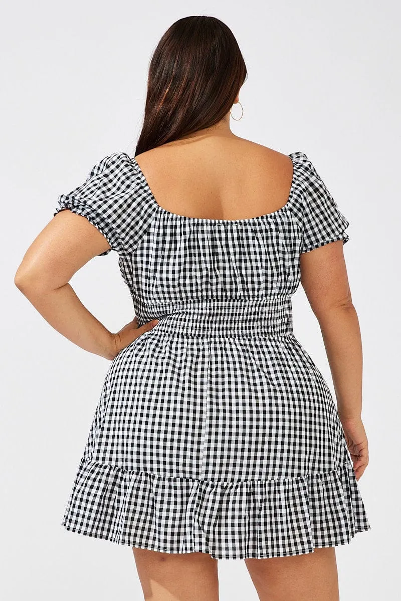 Black Check Fit And Flare Dress Short Sleeve Shirred Waist