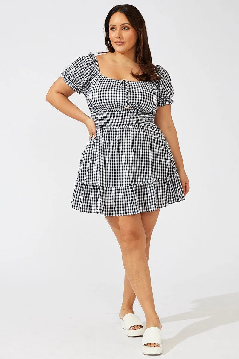 Black Check Fit And Flare Dress Short Sleeve Shirred Waist