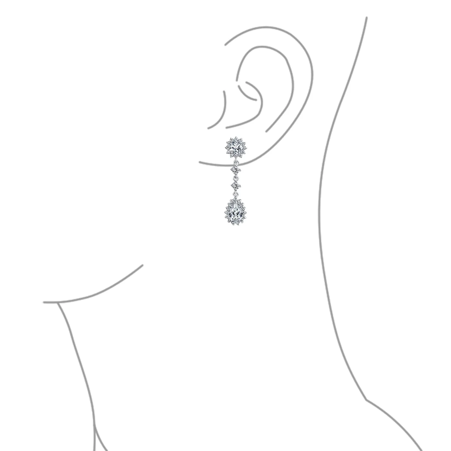 Bridal Oval Teardrop AAA CZ Halo Clip On Dangling Chandelier Earrings