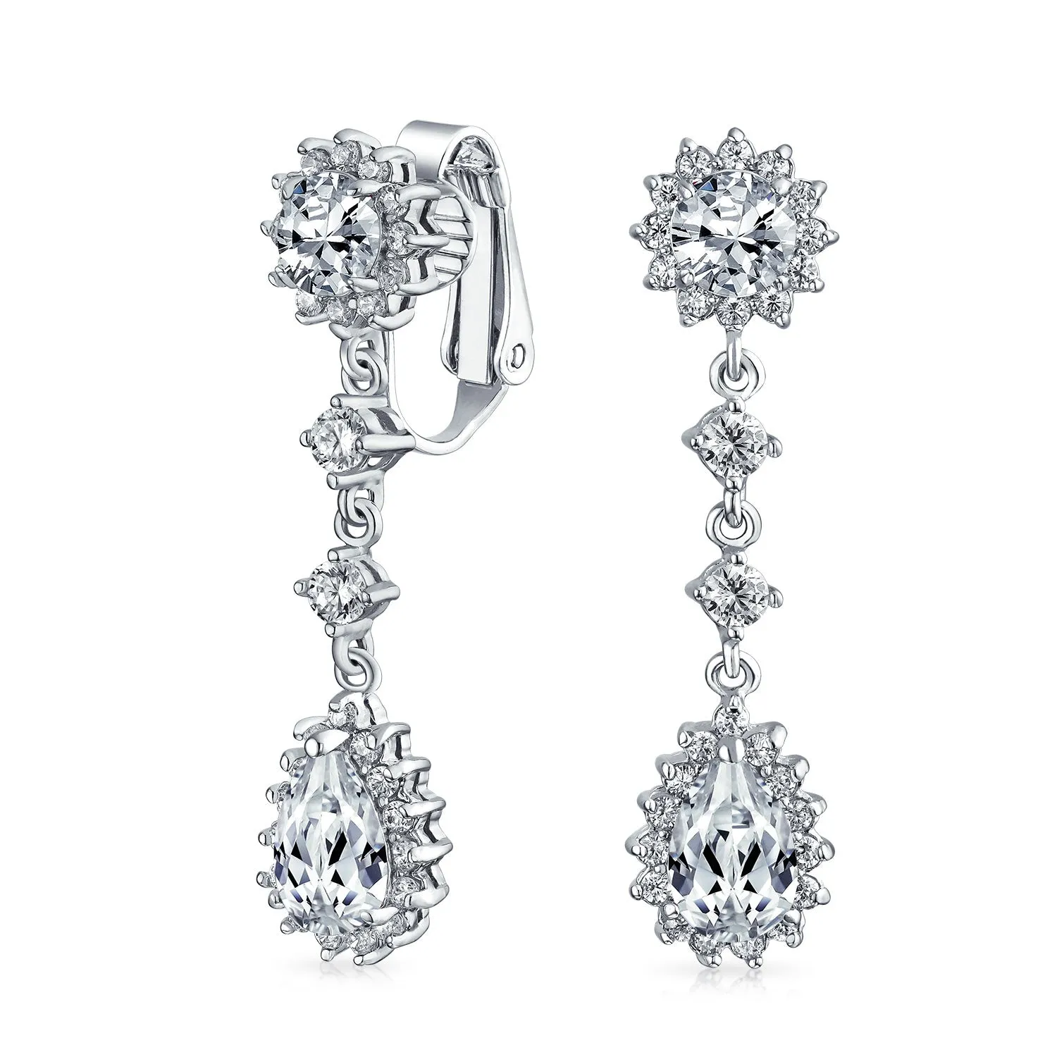 Bridal Oval Teardrop AAA CZ Halo Clip On Dangling Chandelier Earrings