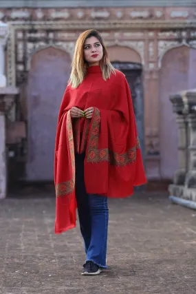 Bright Brick Maroon Colour  Kashmiri Sozni Shawl Embellished With Designer Four Sided Running Border.