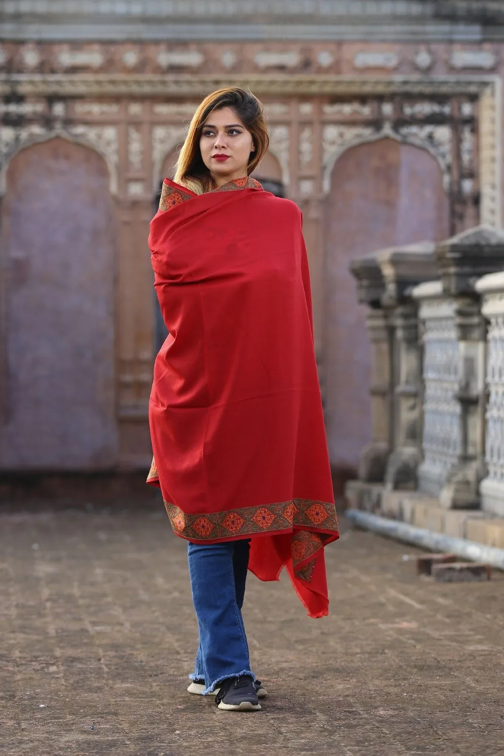 Bright Brick Maroon Colour  Kashmiri Sozni Shawl Embellished With Designer Four Sided Running Border.