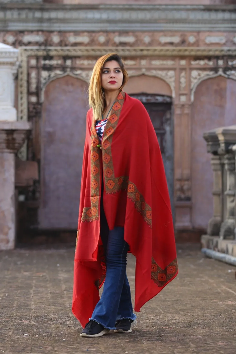 Bright Brick Maroon Colour  Kashmiri Sozni Shawl Embellished With Designer Four Sided Running Border.