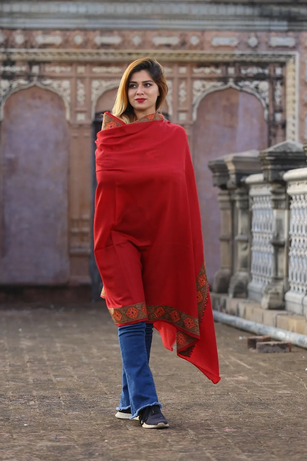 Bright Brick Maroon Colour  Kashmiri Sozni Shawl Embellished With Designer Four Sided Running Border.