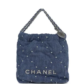 Chanel Mini 22 Bag Blue Studded Denim Silver Hardware