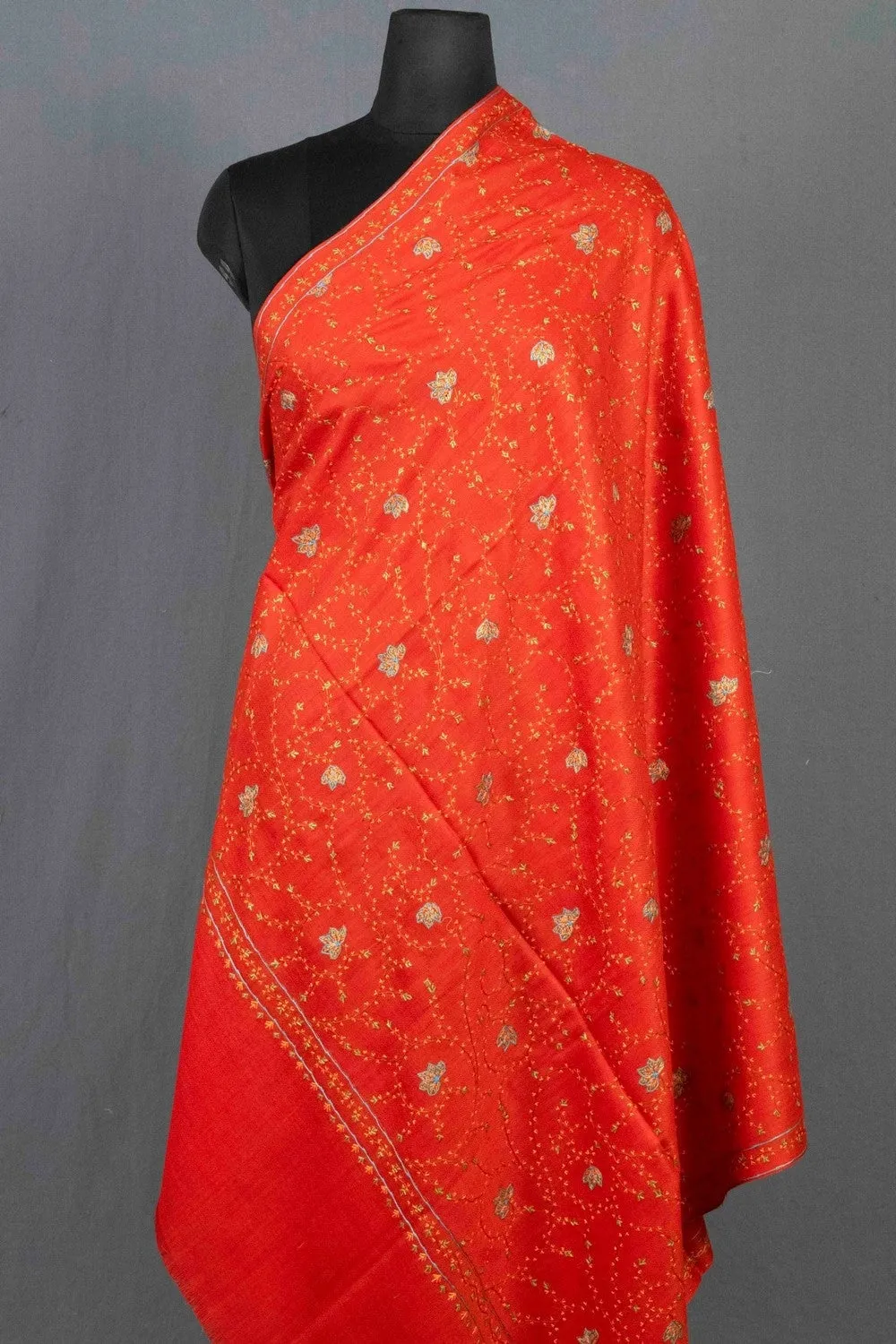 Charming Red Colour Sozni Shawl Emblished With Designer Over All Jaal And Border.