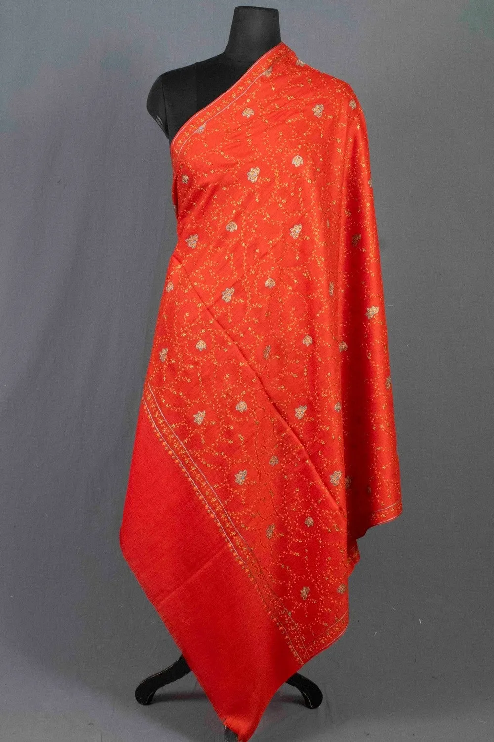 Charming Red Colour Sozni Shawl Emblished With Designer Over All Jaal And Border.