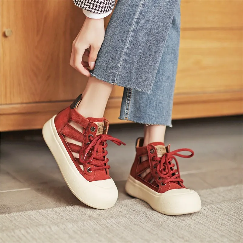 Leather Perforated Platform Sneakers for Women High-top Lace Up in Yellow/Red/Purple