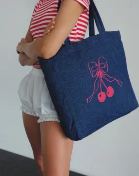 London Tote Bag in Denim Indigo with Cherry Bow Print