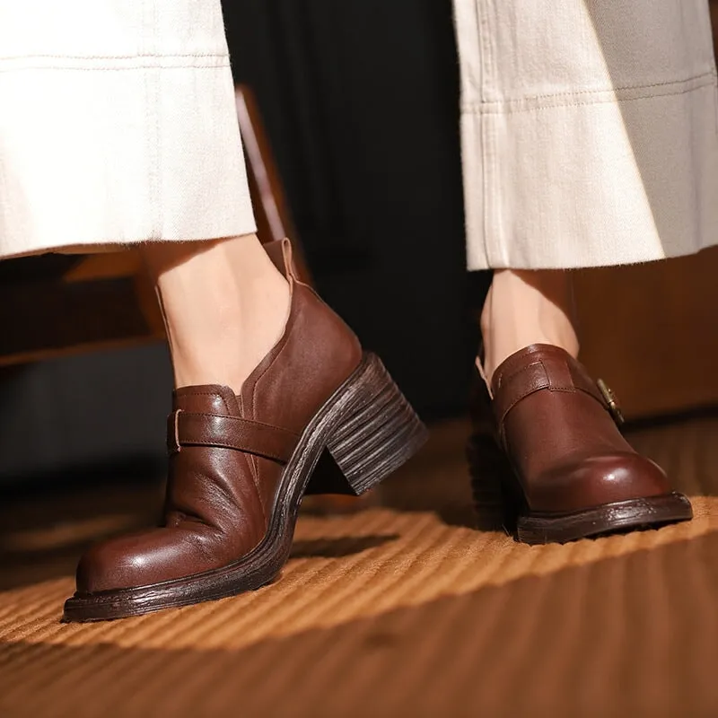 Retro Handmade Round Toe Block Heel Pumps in Black/Coffee