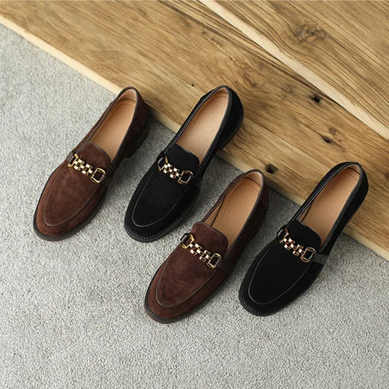 Suede Leather Loafers for Women Round Toe in Coffee/Black