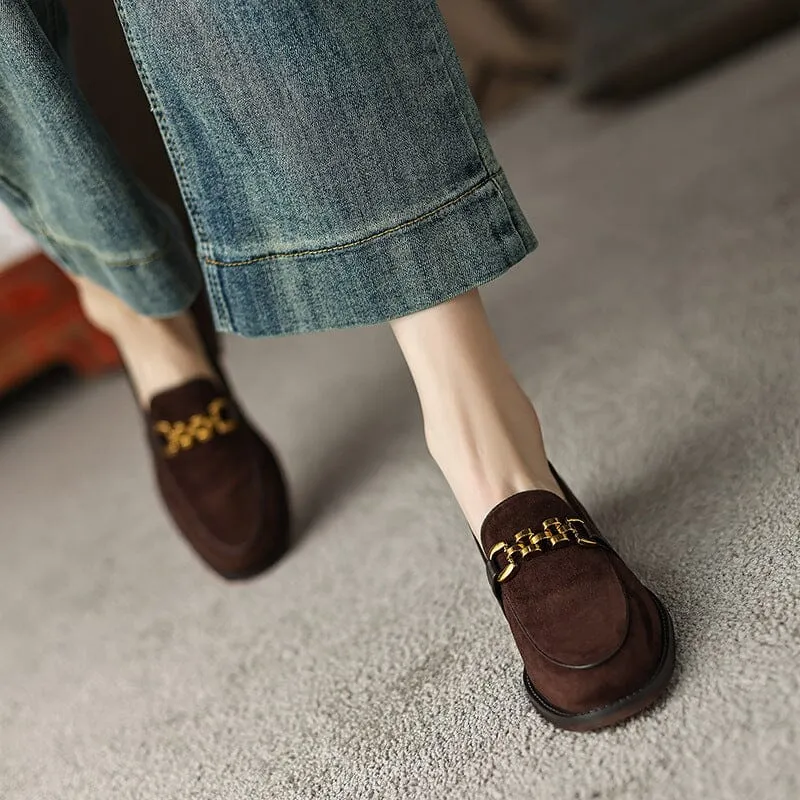 Suede Leather Loafers for Women Round Toe in Coffee/Black