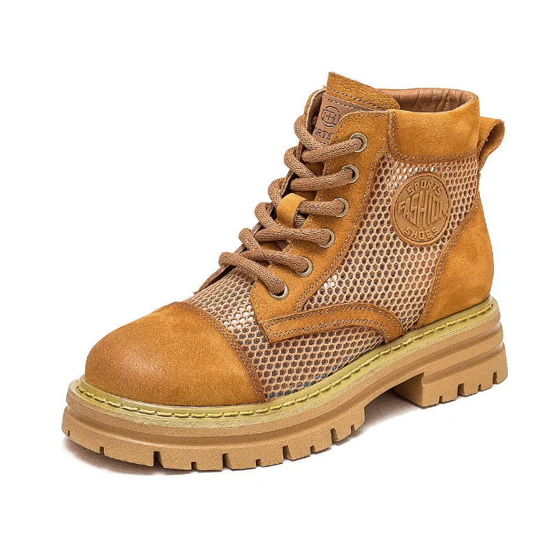 Women Casual Hollow Mesh Leather Lug Sole Boots