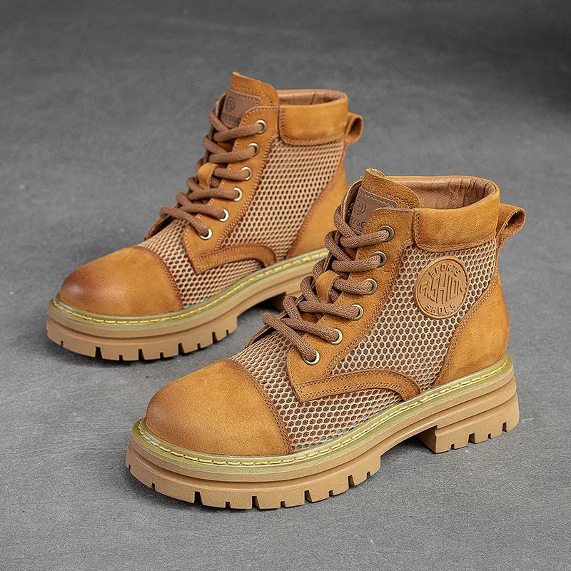 Women Casual Hollow Mesh Leather Lug Sole Boots