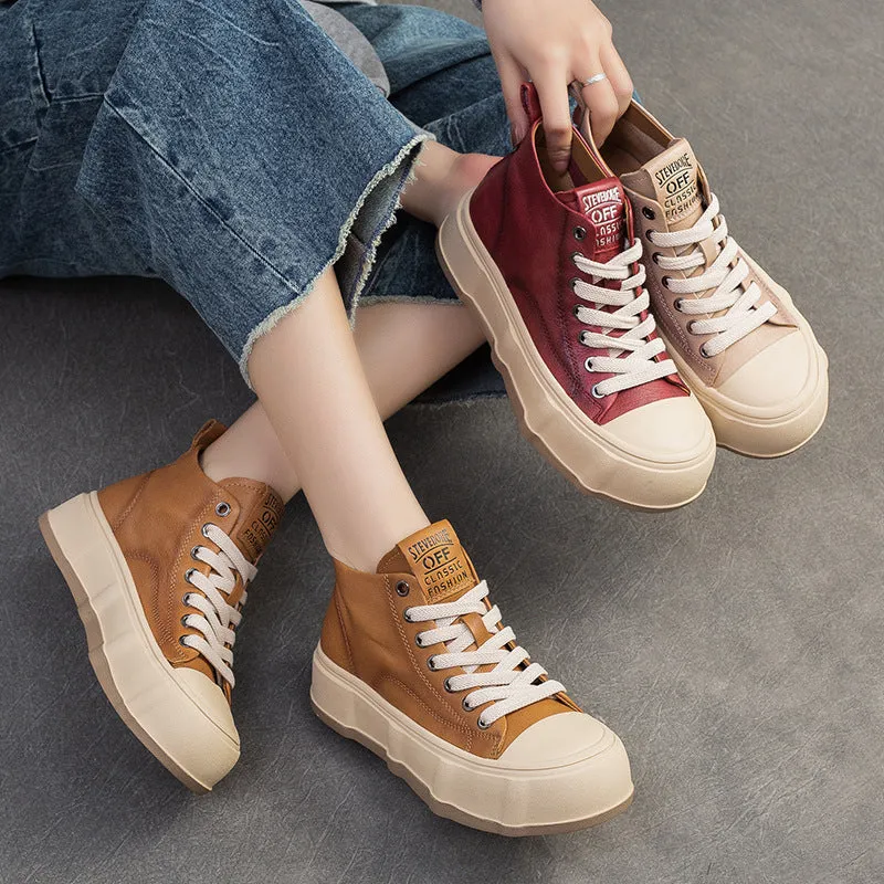 Women Fashion Cowhide Lace-up Casual Flat Ankle Boots