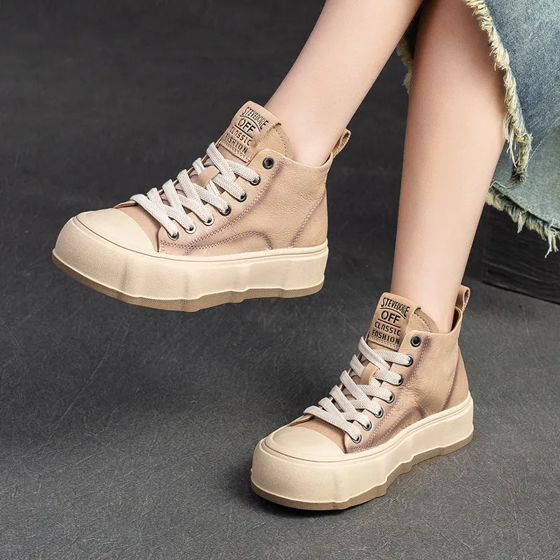 Women Fashion Cowhide Lace-up Casual Flat Ankle Boots