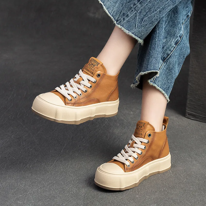 Women Fashion Cowhide Lace-up Casual Flat Ankle Boots