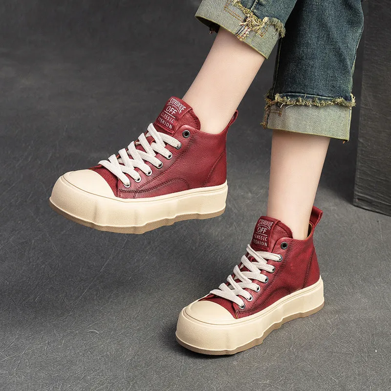 Women Fashion Cowhide Lace-up Casual Flat Ankle Boots