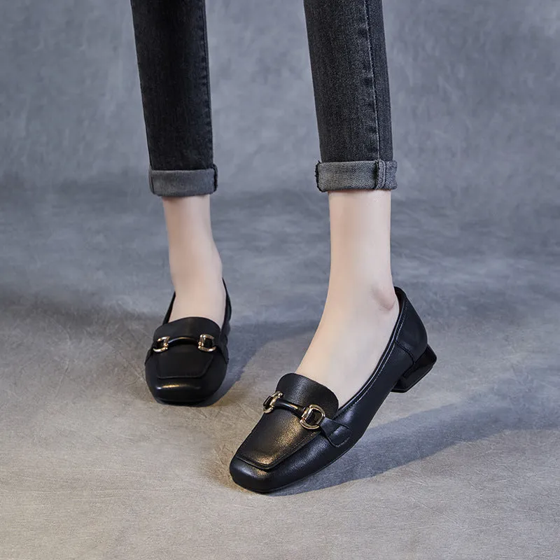 Women Minimalist Buckle Leather Low Block Loafers